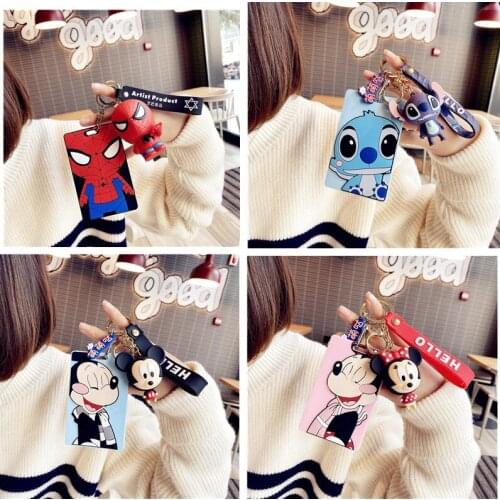 Genuine Disney Spiderman Minnie ID Card Holder for Girl Bus Card Cover with Model Doll Pendant Student Campus Access Card Holder