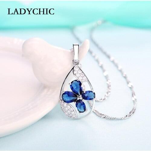 LADYCHIC Romantic Blue Zircon Crystal Statement Necklace Silver Color Water Drop Flower Pendant Jewelry for Women Girls LN1096