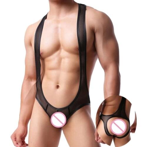 Sexy Men Undershirts Jockstrap Mesh Transparent Bodysuits Leotard Wrestling Singlet Underwear Erotic Lingere Open Butt Jumpsuits