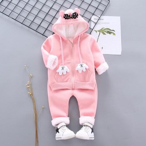 Baby Outing Clothes Children Autumn Winter Toddler Girl Plus Velvet Cartoon Hooded Pants 2Pcs/sets Infant Kid Tracksuits SETS