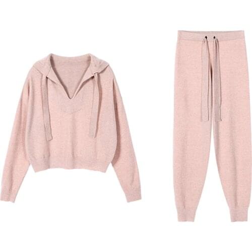 Autumn Winter Casual Sweaters Tracksuit Womens Knitted Two Piece Sets Women Hooded Sweatshirts Sporting Suit Female