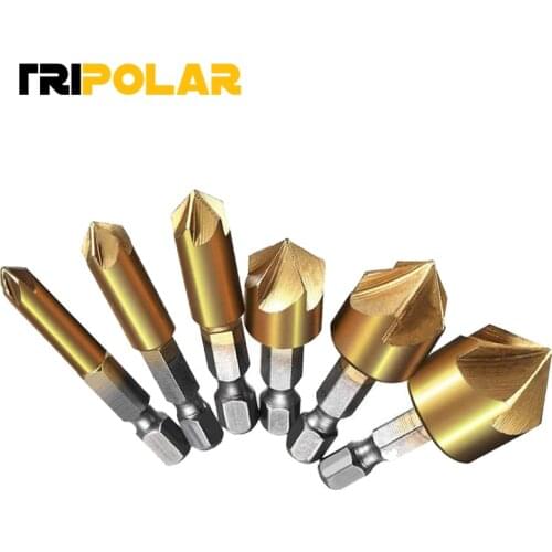 6pcs 5 Flutes HSS Countersink Chamfer Drill Bit 1/4" Hex Shank Titanium Coated Woodworking Core Dril Bit Power Tool Accessories