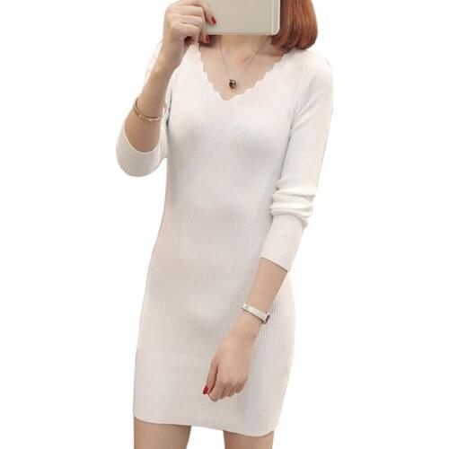Knitting Women Solid Color V-Neck Slim Sweater Casual Knitted Sweater Spring and autumn New Long section Pullovers women