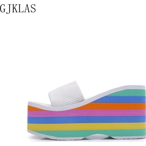 Beach Platform Shoes Wedges Slippers Summer Rainbow Women High Heels Sandel Sliders Shoes Women Pink Black White Slippers Heels