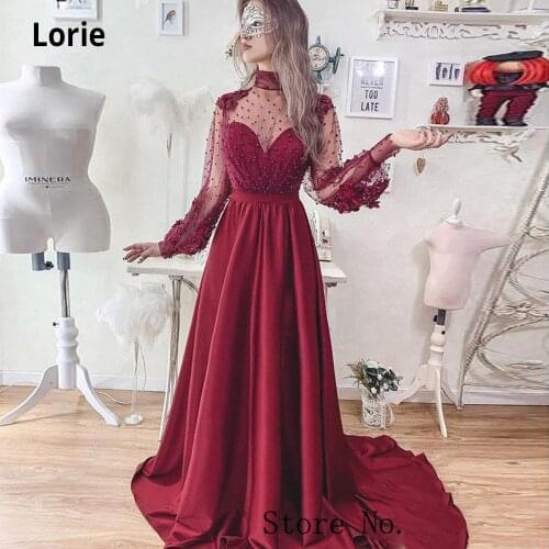 Lorie Burgundy Satin Pearls Evening Dress Long Sleeve 3D Flowers Celebrity Formal Dresses Robe De Soiree Evening Prom Party Gown
