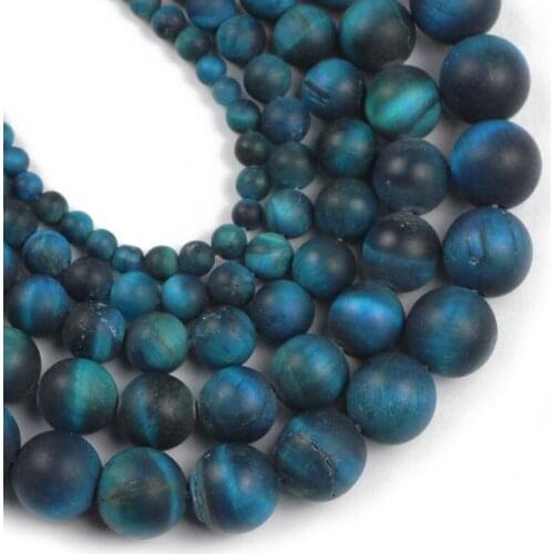 YHBZRET Matte Natural Stone Peacock Blue Tiger Eye Round Spacer Loose Beads For Jewelry Making DIY Bracelet 4/6/8/10/12MM 15