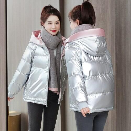 Women Winter Jackets Coats 2021 Shiny Hooded Short Down Cotton Jacket Female Parker Plus Size Warm Cotton Padded Coat Outerwear