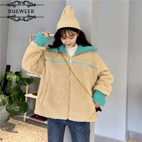 DUEWEER Jackets Women Winter Lambswool Warm Loose Patchwork All-match Korean Style Harajuku Zipper Chic New Outwear