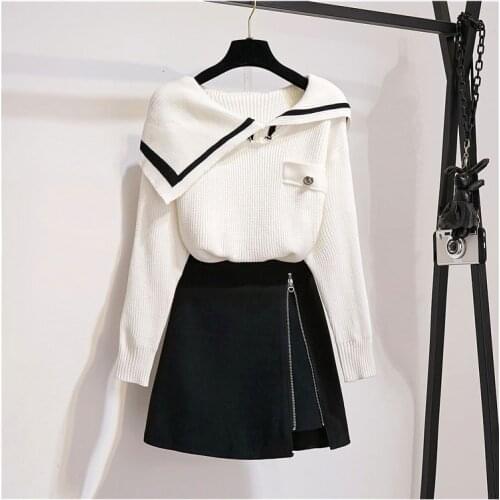 2020 Spring Winter Set Women Long Sleeve Turn-down Collar Knitted Sweater + A-Line Mini Skirts Suit Women Korean Two Piece Set