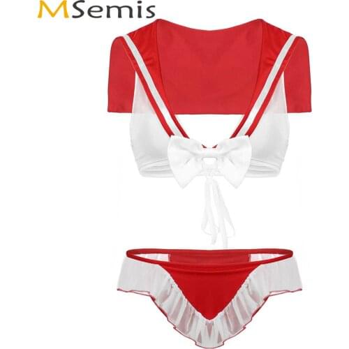Women Anime Sailor Cosplay Lingerie Set Erotic Sheer Sailor Schoolgirl Uniform Cute Crop Top+Ruffle Briefs Sexy Roleplay Costume