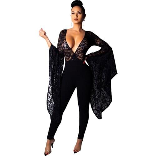 Flare Long Sleeve Black Lace Jumpsuit Women Deep V Neck Sexy Sheer Lace Bodysuit Romper One Piece Club Party Bodycon Jumpsuit