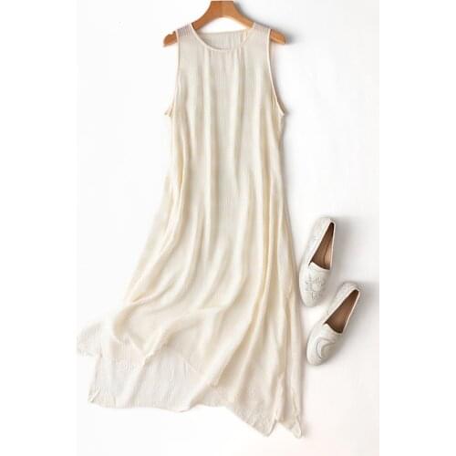 Womens 100% Silk luxury Fashion Heavy Long Dress Elegant Half the perspective skirt Round Neck Cream embroidery Prints L1149