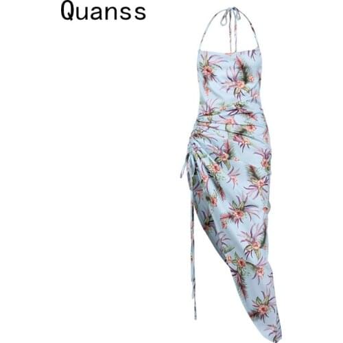 Quanss Summer Beach Dress Women 2021 Fashion Floral Print Halter Sleeveless Backless Casual Dress Lace-Up Sexy Midi Dresses