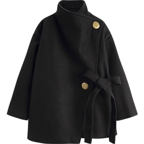 2020 Autumn New womens black color stand collar thickening lacing with drawstring medium long woolen coat casacos