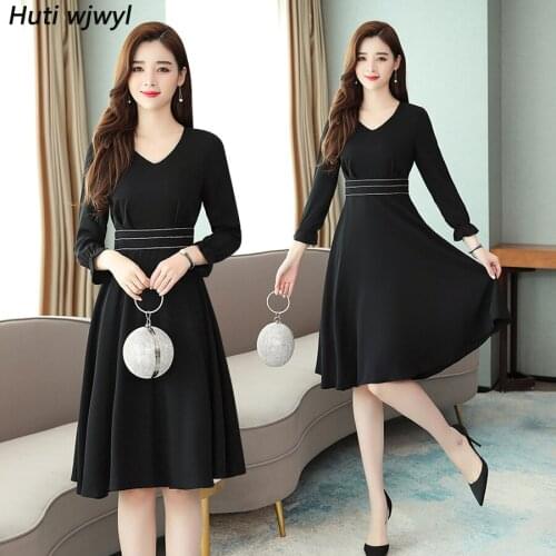 2021 Vintage Female Black Chiffon Midi Dresses Autumn Winter 2XL Plus Size Solid Long Sleeve Dress Elegant Women Party Vestidos