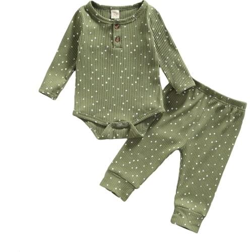 Infant Baby Boy Girl Autumn Clothes Dots Ribbed Two-Piece Sets Casual Long Sleeve Bodysuit+Trousers Casual Cotton Homewear 0-18M