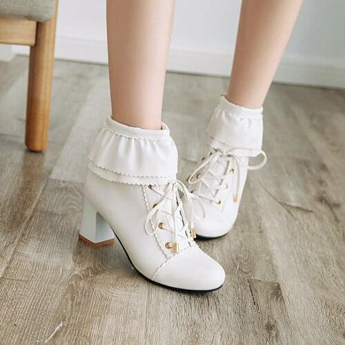 Autumn Winter New Girl Boots Sweet Girl Lace Lacing Thick Heel Middle Heel with Lolita Ankle Boot White Versatile Women Boots