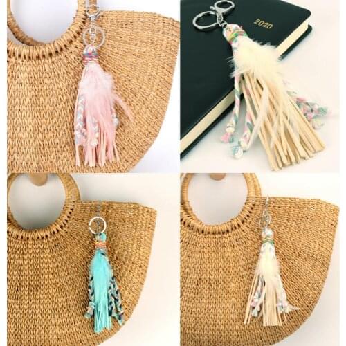 1Pc Bohemian Style Multicolor Feather Tassel Keychain Women Leather Grass Bag Beach Party Gift Handcraft Jewelry E2747/E2750