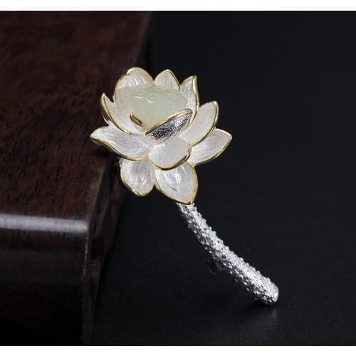 925 Sterling Silver Brooch Lotus Flower Chinese Jade Fine Jewelry Women Accessories Pins Buddhism Religion Luxury Brooches