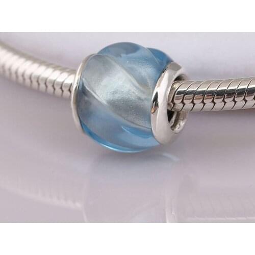 S925 Silver Beads Charm fit Lady Bracelets & Bangles Spiral Murano Glass Beads Sky Blue DIY Jewelry