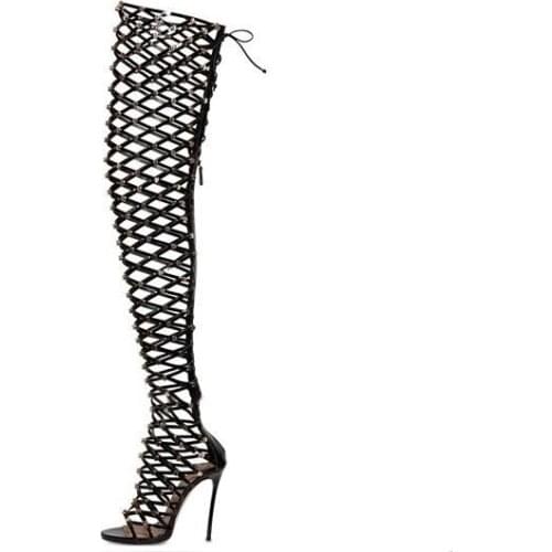 Black Patent Leather Gold Studded Over The Knee Boot Thin Heels Peep Toe Back Zipper Cut-out Glatiator Sandal Boots For Woman