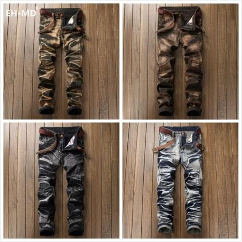 EH·MD® Autumn And Winter Color Matching Men’s Jeans Folds 3D Marble Decoration Fashion Straight Stitching Trousers Slim Stretch