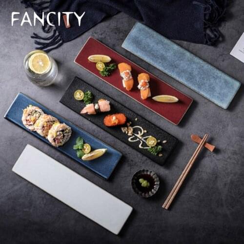 FANCITY Japanese restaurant kiln turned blue glaze sushi plate creative household tableware rectangular ceramic plate dessert