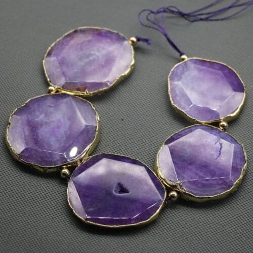 C-1900 Purple Druzy Faceted Stone Beaded - Gold Wrapped Slab stone Connector Beads Pendant Polished- Full Strand/50mm Each