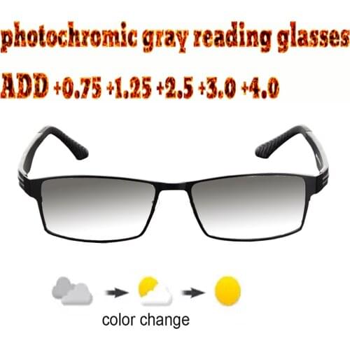 Photochromic Gray Reading Glasses Metal Frame Business High Quality Fashion Men Women+1.0 +1.5 +1.75 +2.0 +2.5 +3 +3.5 +4