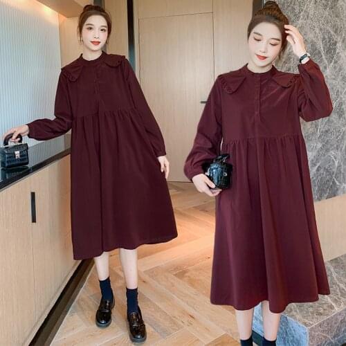 Cotton Corduroy Maternity Long Dress Button open For Nursing Elegant Loose Clothes for Pregnant Women Pregnancy Feeding