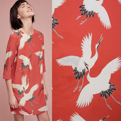 HLQON 100% cotton sateen stretch Red-crowned crane fabric for sewing women clothing upholstery tissue wedding dress DIY