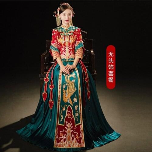Exquisite Phoenix Embroidery Cheongsam Retro Chinese Couple Wedding Suit Elegant Bride Marry Dress китайская одежда