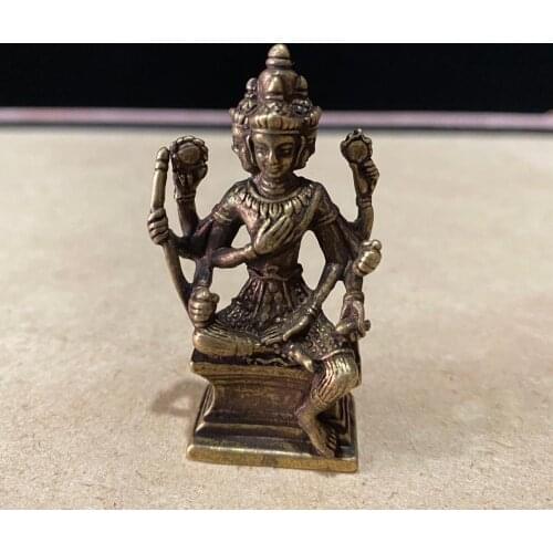 CHINA antique Pure copper fengshui safety 4 arm Guanyin small Statue Metal crafts family decorations pendant
