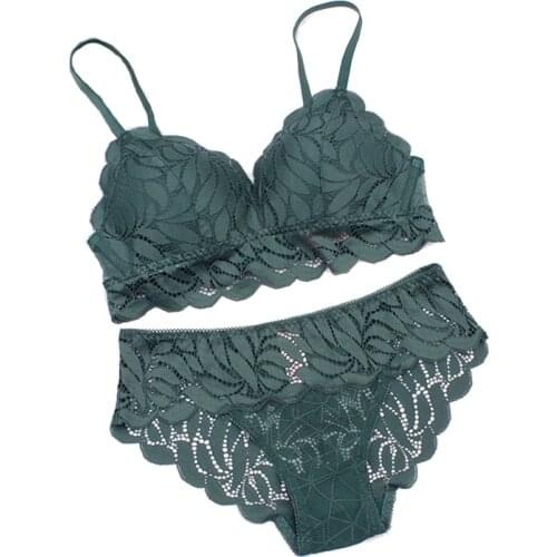 Willow Leaves Pattern Lace Soft Cup Ultra Thin Lined Wireless Bra and Panties Set Lacy Underwear Women Lingerie 2019 New Fashion