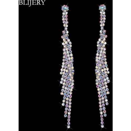 BLIJERY Silver Plated Multicolor Rhinestones Long Wedding Earrings for Women Crystal Tassel Brides Dangle Earrings Femme Brincos