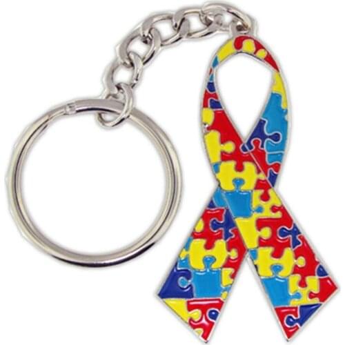 Metal Alloy Enamel Color Ribbon Key Ring Wholesale Puzzle Piece Autism Ribbon Awareness Key Chain & Key Holder