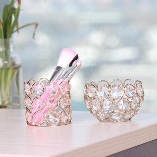 Fashion Luxury Hollow Makeup Brushes Holder Container Metal Crystal Cosmetic Brushes Holder Makeup Storage Basket