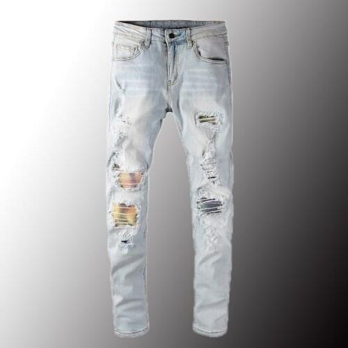 New Mens Light Blue Colored Patchwork Pleated Ripped Biker Jeans Streetwear Slim Skinnt Stretch Denim Tapered Pants 40