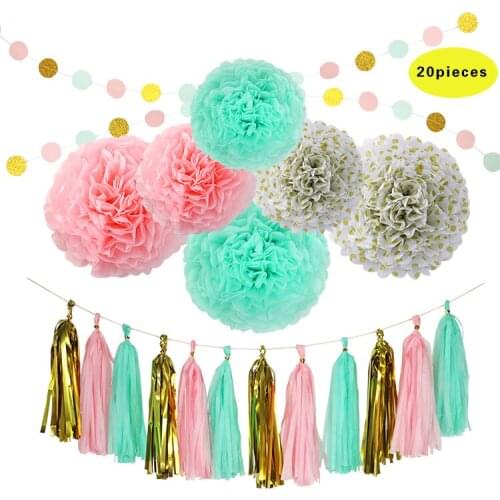 Mint Gold Pink Paper Tassel Garland Paper Pom Pom Dots Paper Garland for Baby Shower, Weddings and Birthday Party Decorations
