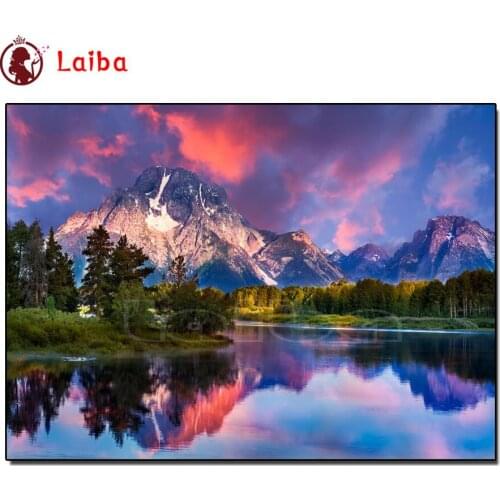 5d Diy diamond painting kit natural River bank scenery decorative painting cross stitch embroidery Fire cloud Scenery handmake