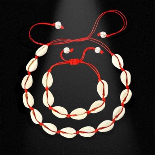 Bohemian Natural Shell Women Necklace Bracelet Set Conch Red String Braided Choker Leg Anklets Adjustable Rope Girl Jewelry Gift