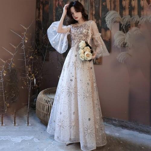 New Luxurious Appliques Evening Dress Sequins Three Quarter Sleeves A-Line O-Neck Floor-Length Woman Formal Party Gowns A1424