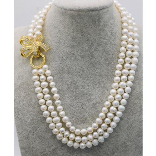 Beautiful new Natural zircon clasp 3rows freshwater white pearl near round 7-8mm necklace 18-20" nature beads