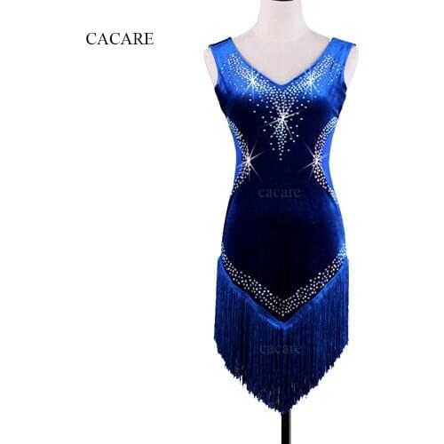 Latin Dance Dress Women Salsa Dance Dress Samba Flapper D0198 Patchwork Cloth with Tassels Rhinestones Blue