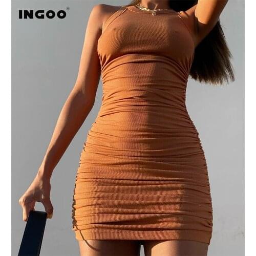 INGOO Pleated Ribbed Dresses Weomen Summer Solid Color Sleeveless O-neck Folds Bodycon Mini Dress Basic Wild Casual Streetwear