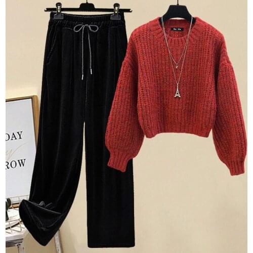 Pullover Women Sweater Loose Knitted Crop Top Long Sleeve Winter Warm Jumper Casual Fall Thick Sweet Sweater and Wide leg pants