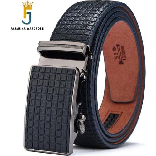 FAJARINA Mens Quality Design Blue Cowhide Leather Belt Novelty Plaid Alloy Automatic Metal Men Casual Belts 35mm Wide N17FJ430