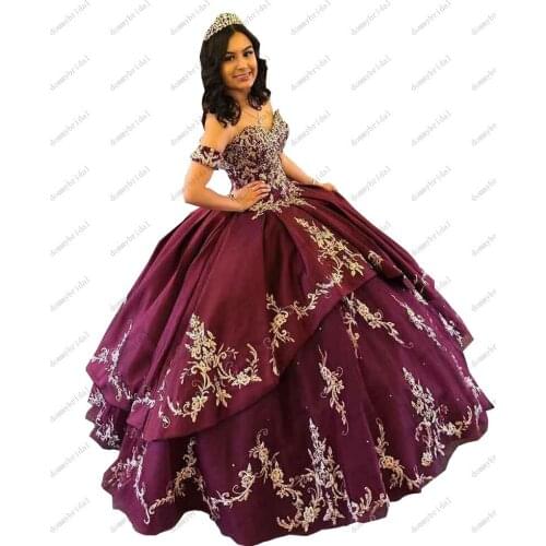 Luxury Gold Embroidery Detachable Sleeves 2021 Masquerade Ball Gowns Quinceanera Dresses for Women Party Wear Formal Prom Cheap