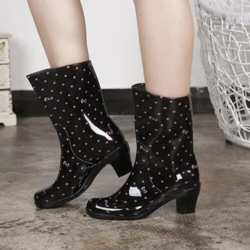 Thick Heel Boots Women Waterproof Rain Boots Women Rubber Shoes for Rain Tube Mid Calf Boots High Heels Rain Shoes Women Winter