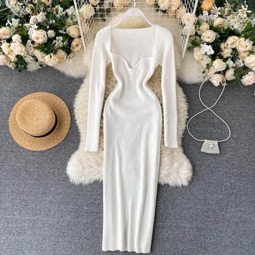Sexy Long Sleeve Party Dresses Women white Knitted Ankle-Length Dress Autumn Square Collar Dresses Women